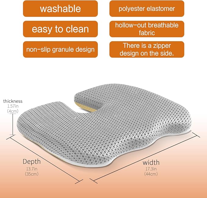 Gooo&Ma Ergonomic Seat Cushion with Air Fiber Core, Office Chair Cushion with Washable Cover & Non-Slip Base for Pressure Relief, Comfort for Long Sitting, Driving, Gaming (Gray)
