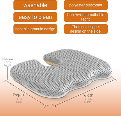 Gooo&Ma Ergonomic Seat Cushion with Air Fiber Core, Office Chair Cushion with Washable Cover & Non-Slip Base for Pressure Relief, Comfort for Long Sitting, Driving, Gaming (Gray)