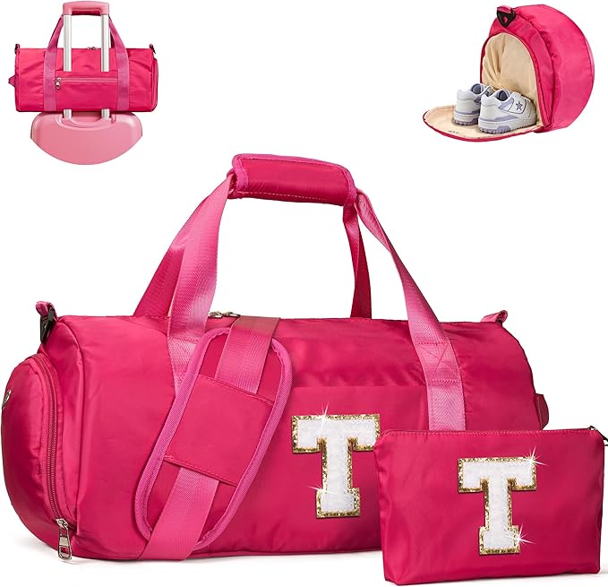 4 Year Old Girl Birthday Gift, Girls Travel Duffel Bag, Kids Initial Overnight Bags with Shoe Compartment, Customized Sport Gym Weekender Bag with Makeup Pouch, Personalized Gifts (Letter T)