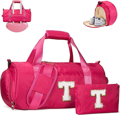 4 Year Old Girl Birthday Gift, Girls Travel Duffel Bag, Kids Initial Overnight Bags with Shoe Compartment, Customized Sport Gym Weekender Bag with Makeup Pouch, Personalized Gifts (Letter T)