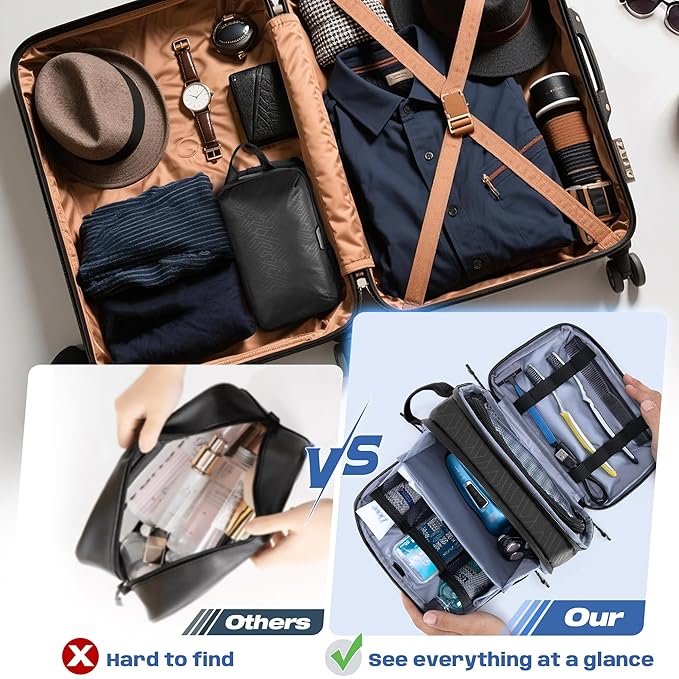 Yarwo Travel Toiletry Bag for Men, Hanging Dopp Kit Shaving Storage Case, Water-resistant Toiletry Organizer Hygiene Bag for Toiletries, Skincare, Razor, Makeup, Cosmetics, Shower Essentials