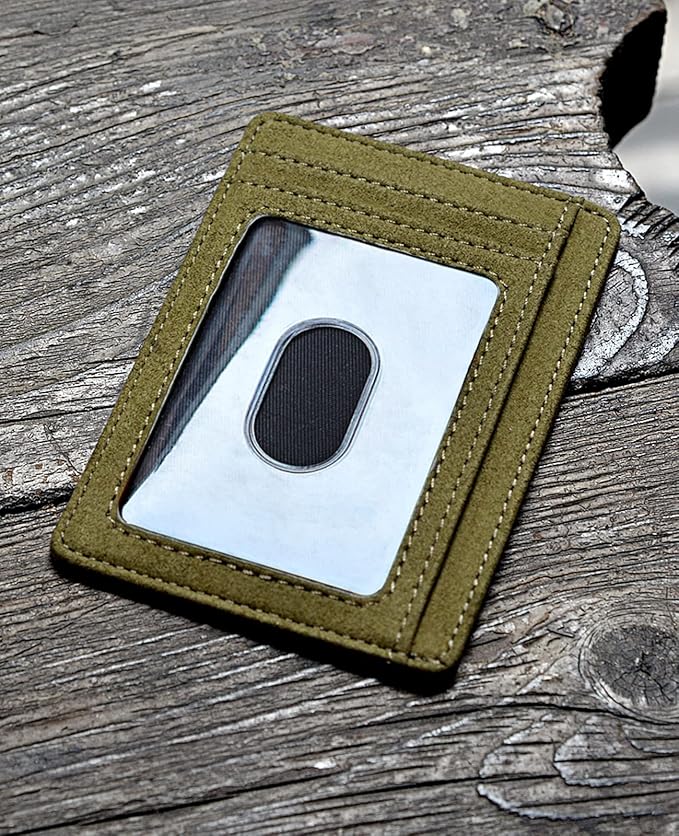 Buffway Slim Minimalist Front Pocket RFID Blocking Leather Wallets for Men and Women - At Sahara Desert Green