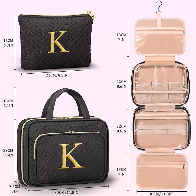 Gifts for Women, Initial Toiletry Makeup Bag Hanging Cosmetic Organizer with Embroidery Letter Personalized Nurse Teacher Appreciation Gift Birthday Christmas Gifts for Mom Sister Wife Friend Auntie