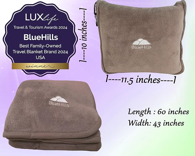 BlueHills Premium Soft Travel Blanket Pillow Airplane Flight Blanket Throw in Soft Bag Pillow case with Luggage Belt & Backpack Clip Compact Pack Large Airport Taupe T023