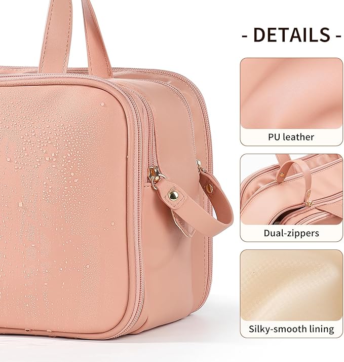 Large Travel Toiletry Bag with Makeup Brush Holder, 25 Pockets, Double Reinforced Handles & Luggage Sleeve, Waterproof PU Leather Cosmetic Organizer (Pink)