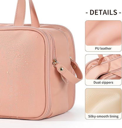 Large Travel Toiletry Bag with Makeup Brush Holder, 25 Pockets, Double Reinforced Handles & Luggage Sleeve, Waterproof PU Leather Cosmetic Organizer (Pink)