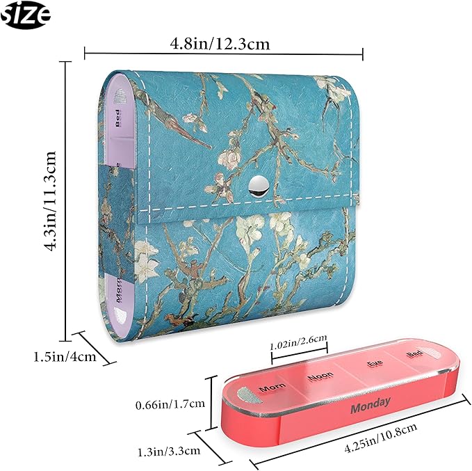 Pill Organizer,LIZIMANDU Weekly Travel Pill Case Box Medication Reminder Daily AM PM, Day Night 7 Compartments,for 4 Times A Day, 7 Days a Week-Includes Leather PU Carrying Case(Peach Blossom)