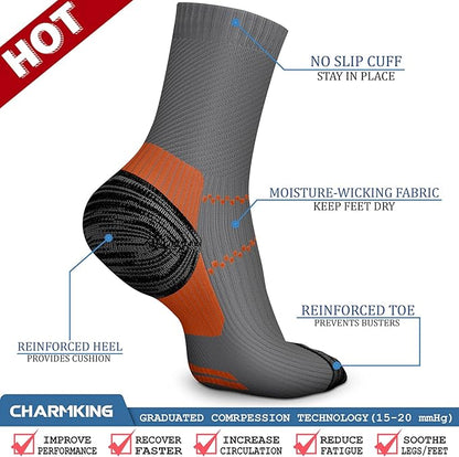 CHARMKING 6 Pairs Crew Compression Socks for Women & Men Circulation 15-20 mmHg is Best for All Day Wear Running Nurse