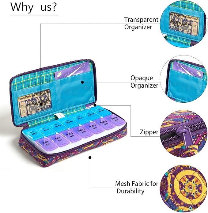 Weekly Pill Organizer 2 Times a Day, Zumd Pill Box 7 Day with Cute Quilted Fabric Zipper Case, Travel Pill Case Am Pm for Vitamin Medicine Organizer