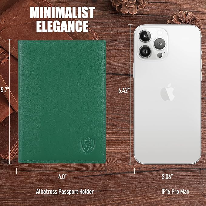 STAR VISTA Albatross Leather Travel Passport Holder, Minimalist Design, Calfskin Leather Case for Women and Men - Slim Passport Wallet, Bifold, RFID Blocking, Green