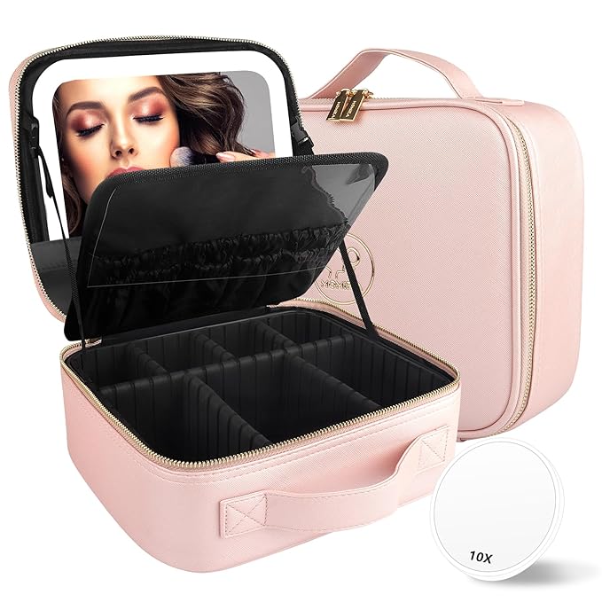 MOMIRA Travel Makeup Bag Cosmetic Bag with Lighted Mirror, Adjustable Brightness in 3 Color Scenarios, Waterproof, 10x Magnifying Mirror, Rotatable Independent Light Mirror- Phosphor(Solid)
