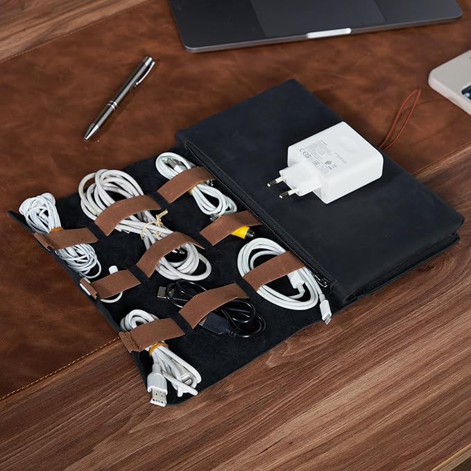 HARDISTON Custom Genuine Leather Electronic Cable Organizer Bag Handmade Travel Cord Organizer Roll Case for Hard Drives, Cables, Charger, Phone, USB, SD Card