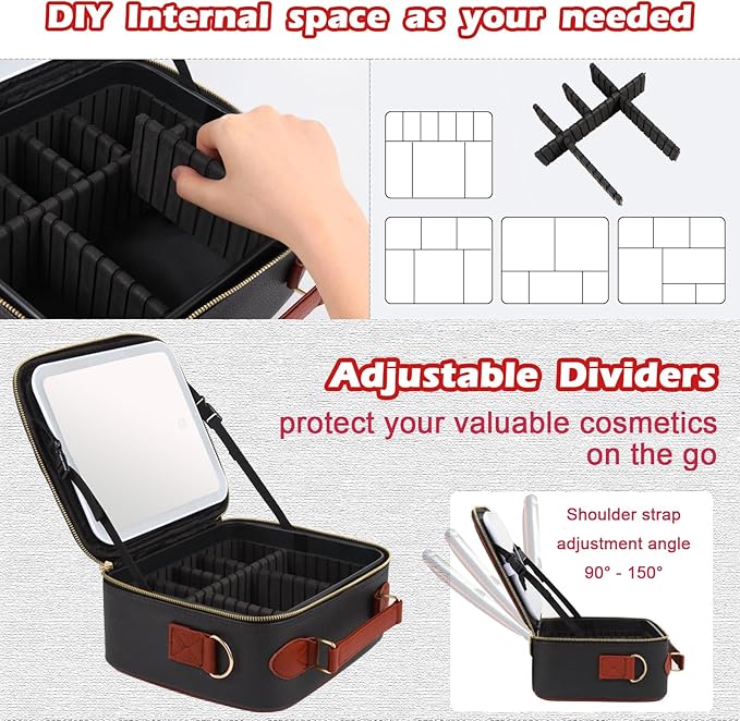 Travel Makeup Bag with Light Up Mirror, Portable Makeup Bag with Led Light Women Waterproof Makeup Travel Case adjustable dividers Rechargeable Vanity Mirror with 3 Color Lights (Black)