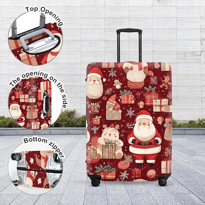 Allover Christmas Luggage Cover - Red Background with Santa, Gifts and Snowmen Pattern, Dense Holiday Design for 28 30 Inch Travel Bag
