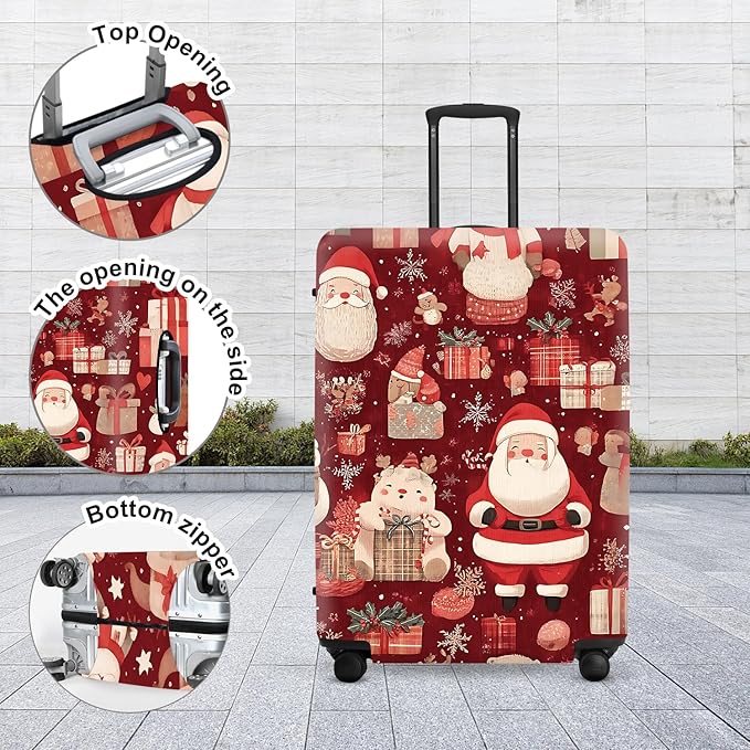 Allover Christmas Luggage Cover - Red Background with Santa, Gifts and Snowmen Pattern, Dense Holiday Design for 32 34 Inch Travel Bag