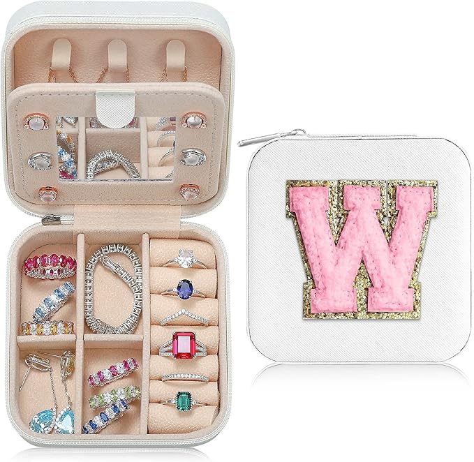 Parima Travel Jewelry Case - Small Jewelry Organizer Box, Mini Travel Case - Letter W, White