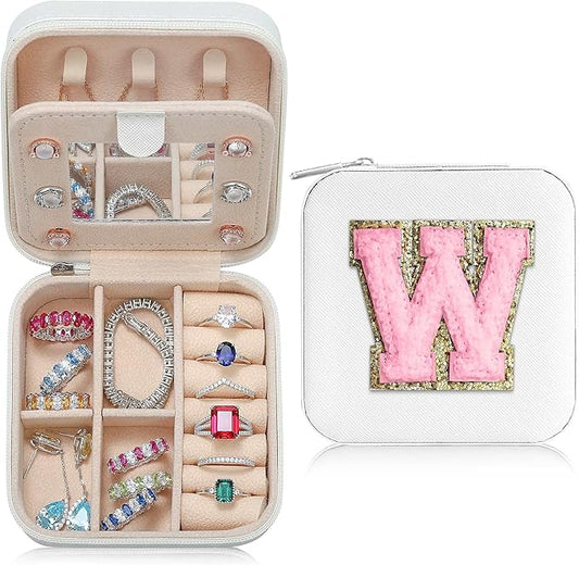 Parima Travel Jewelry Case - Small Jewelry Organizer Box, Mini Travel Case - Letter W, White