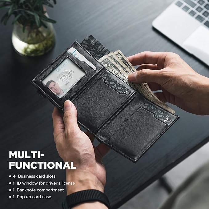 VULKIT Pop up Card Wallet Minimalist Cash Wallets RFID Blocking Leather Smart Credit Card Holder with ID window for Men