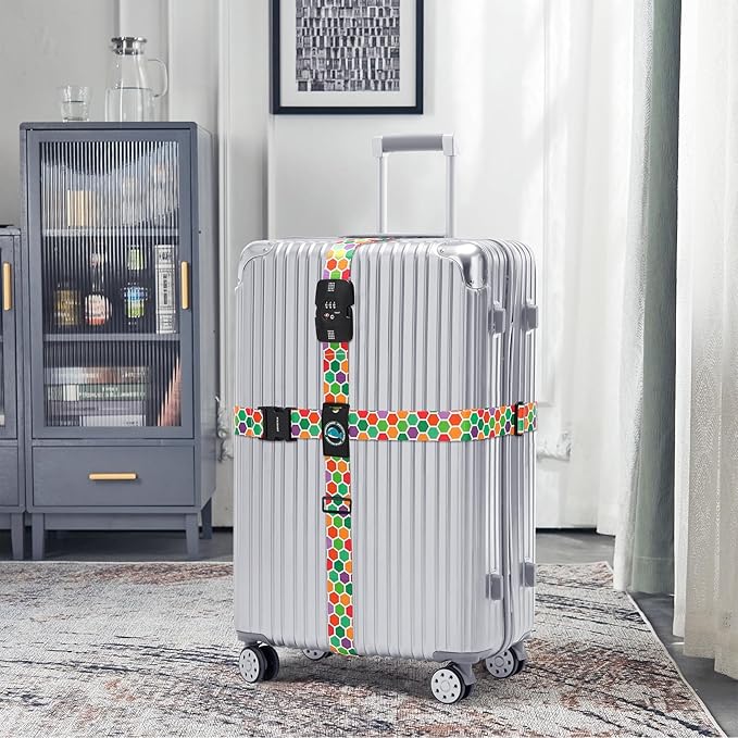 Travelkin Luggage Straps TSA Approved - Adjustable Cross Suitcase Straps with TSA Lock, Reinforced Buckle, Unique Pattern - Secure Heavy Duty Luggage Straps for Travel (Honeycomb)