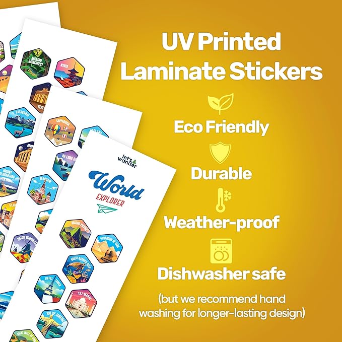 LET'S WANDER World Explorer Adventure Water Bottle with 50 Waterproof Stickers - 32oz Leakproof Insulated Stainless Steel with Straw - Travel Goal Gift Bottle (Blue)