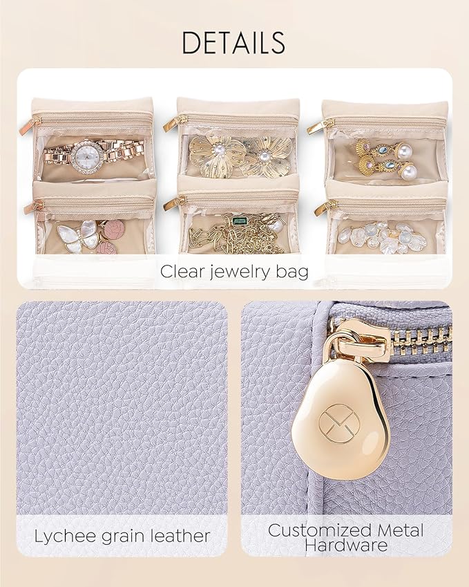 Vlando Travel Jewelry Case,Small Jewelry Box with 6 velvet zipper pockets,PU Leather Travel Jewelry Organizer for Women Girl Travelers Christmas Birthday Gift-Purple