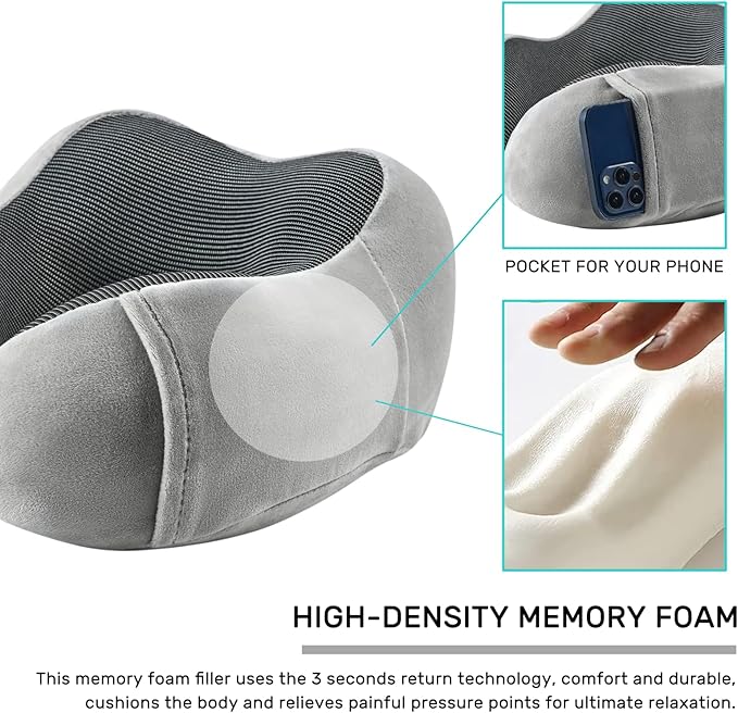 Neck Pillow Airplane-2 Pack Memory Foam Travel Pillow, Soft Support Travel Neck Pillow for Travelling, Sleeping Rest, Car, Train and Home Use (Black&Grey)