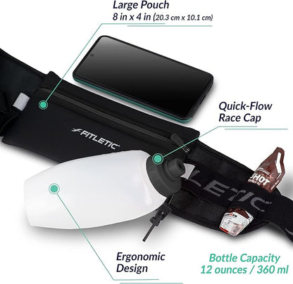 Fitletic Hydration Running Belt With 12oz Quick Flow Water Bottle For Men & Women –Race Belt, Gel Holder & Bib Toggles Patented Bounce Free Design, Water Resistant Fits All Phones –Fully Loaded