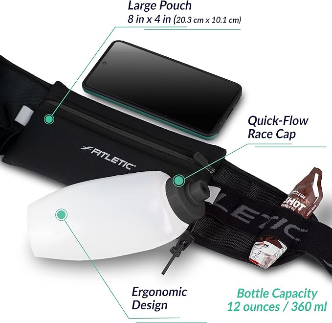 Fitletic Hydration Running Belt With 12oz Quick Flow Water Bottle For Men & Women –Race Belt, Gel Holder & Bib Toggles Patented Bounce Free Design, Water Resistant Fits All Phones –Fully Loaded