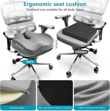 Seat Cushions for Office Chairs & Hip Pain Relief, Extra-Dense Coccyx Cushion with Sciatica Support, Ergonomic Design for Desk Chair, Car, Wheelchair, All-Day Comfort (Gray)