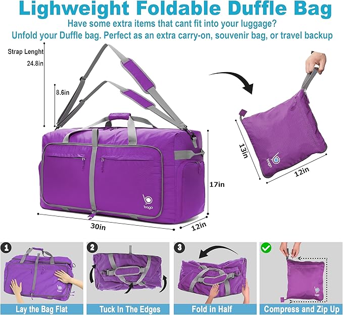 Bago Large Foldable Duffel Bags for Traveling Women & Men - 100L Packable Duffle Bag for Travel with Shoe Compartment - Water Repellant, Heavy Duty, Lightweight Folding & Collapsible (Purple)
