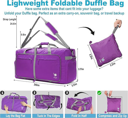 Bago Large Foldable Duffel Bags for Traveling Women & Men - 100L Packable Duffle Bag for Travel with Shoe Compartment - Water Repellant, Heavy Duty, Lightweight Folding & Collapsible (Purple)