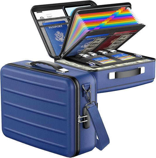 Fireproof Document Box with Lock, Hard-Shell Fireproof Safe for Home Documents, Portable Travel Fire Proof File Box for Passport Laptop Certificates, Navy Blue