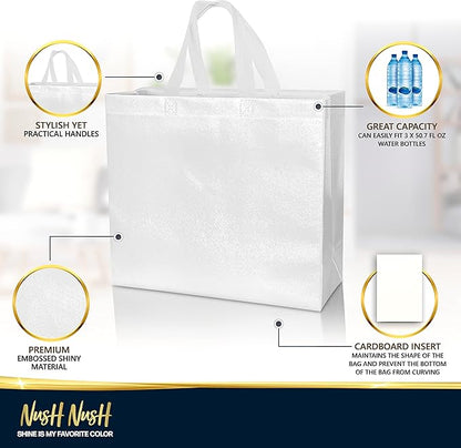 Nush Nush Large White Gift Bags Bulk - Set of 60 Reusable White Gift Bags Large Size With Handles - For Small Business Use, Wedding Gifts, Birthday Party Favor, Christmas, Holidays - 13x5x11 Size