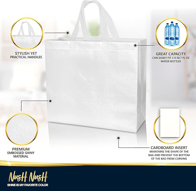 Nush Nush Large White Gift Bags Bulk - Set of 30 Reusable White Gift Bags Large Size With Handles - For Small Business Use, Wedding Gifts, Birthday Party Favor, Christmas, Holidays - 13x5x11 Size