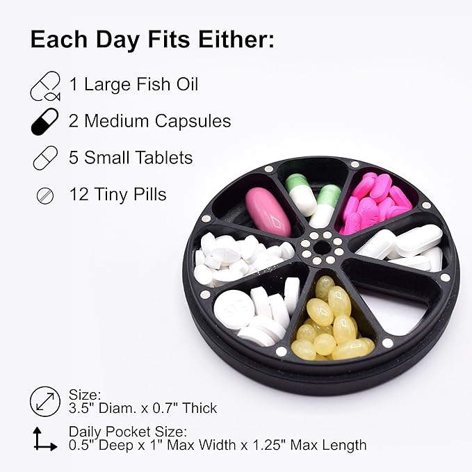 Travel RX Pill Case by Type Two Labs – Weekly 7 Day Pill Box, Compact Magnetic Pill Organizer for Purses or Pockets, Rugged Daily Caddy Holds Vitamins, Supplements, Medication. (Stealthy Black)