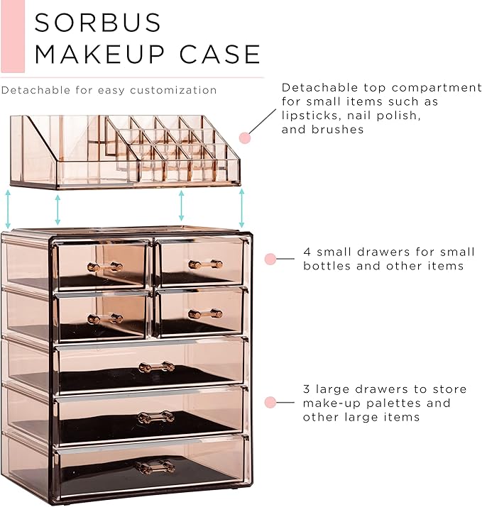 Sorbus Acrylic Makeup Organizer Set, 7-Drawer Vanity & Countertop Cosmetic Storage with Small & Wide Compartments, Bronze Glow Makeup Storage for Brushes, Jewelry – Holiday Gift for Women & Teens