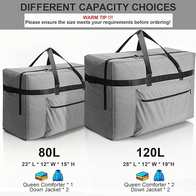 SUNUP Extra Large Duffle Bag for Travel, 120L Foldable Travel Duffel Bag for Men Women, Waterproof Overnight Weekender Moving Storage Bags, Gray