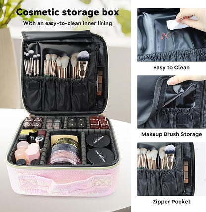 Travel Makeup Bag Makeup Cosmetic Train Case Organizer Portable Storage Bag with Adjustable Dividers for Cosmetics Makeup Brushes Toiletry Jewelry Colored Crocodile Pattern
