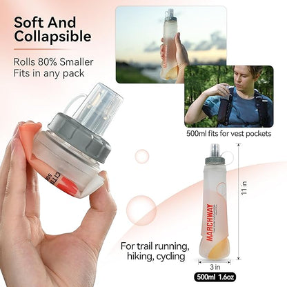 MARCHWAY Soft Hydration Flask with Wide Mouth, 300ml/500ml Collapsible TPU Water Bottle, Leakproof Portable Flexible for Running, Hiking, Cycling, Climbing, Gym, Travel (2pcs White 500ml)