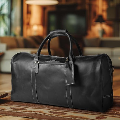 Leather Village Premium Leather Duffel Bags for Men & Women-Stylish Travel Weekender Carry-On Sports Gym Overnight Luggage Bag - 24 Inch - Black