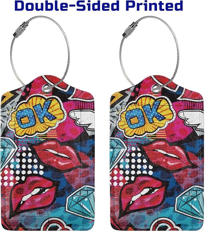 2 Pack Funny Luggage Tags with Red Lips Pattern for Suitcases, Colorful PU Leather Luggage Tag Accessories Privacy Cover ID Label with Stainless Steel Loop for Travel Bag for Women Girls Teens