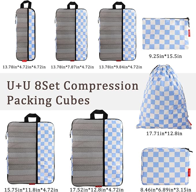U+U 8 Set Compression Packing Cubes - Ultralight Travel Organizers with Laundry Bag and Cosmetic Bag, Space-Saving Suitcase Organizer for Travel, Business Trip and Family Vacation (Blue Checkered)