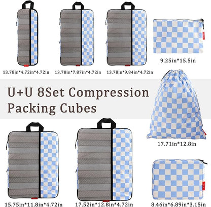 U+U 8 Set Compression Packing Cubes - Ultralight Travel Organizers with Laundry Bag and Cosmetic Bag, Space-Saving Suitcase Organizer for Travel, Business Trip and Family Vacation (Blue Checkered)