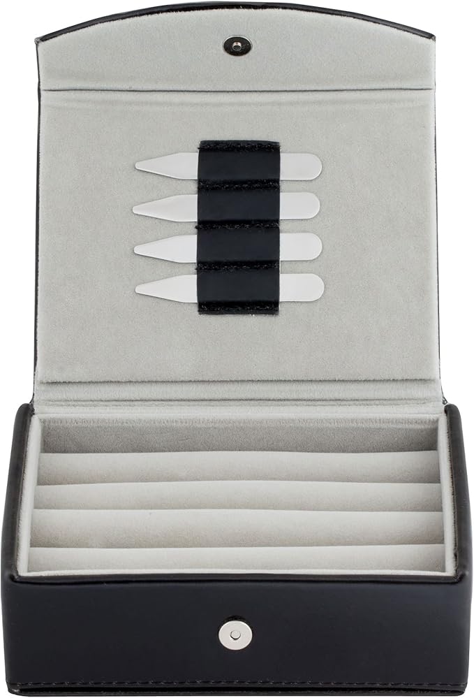 Mens Leather Travel Cufflinks Ring Storage Box Case Includes 2 Sets Metal Collar Stays - Holds 9 To 12 Pairs - ‎5.75 x 4.75 x 1.75 inches Holder Organizer