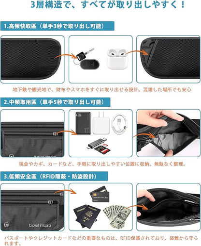 travel inspira Travel Money Belt with Anti-Theft Zipper Upgrade Larger Slim Travel Pouch with RFID Blocking Fabric to Protect Credit Cash, Passports, and Documents, Black