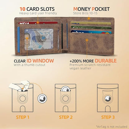RUNBOX AirTag-Wallet-Mens-Slim-RFID Blocking Wallets Leather with Bill Compartment Air Tag Bifold Card Holder Wallet Gifts for Men Dad