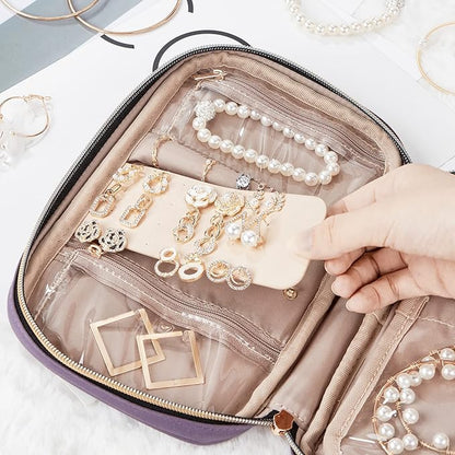 NISHEL Travel Jewelry Case, Holiday Organizer for Necklaces, Earrings, Rings, Bracelets, Watch, Purple