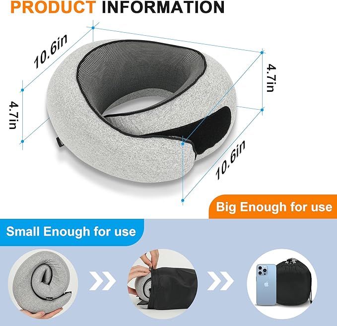 Advanced Neck Travel Pillow | 100% Pure Memory Foam, Designed for The Comfort of Travel & Office, Travel Pillow for Plane, Car, Home, Work, Dark Grey