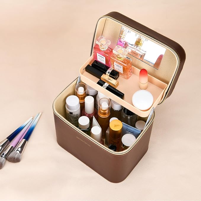 Luxury makeup box, Portable leather hard cosmetic case with mirror, cosmetic case organizer,Professional train case for women adults. (Brown)