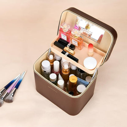 Luxury makeup box, Portable leather hard cosmetic case with mirror, cosmetic case organizer,Professional train case for women adults. (Brown)